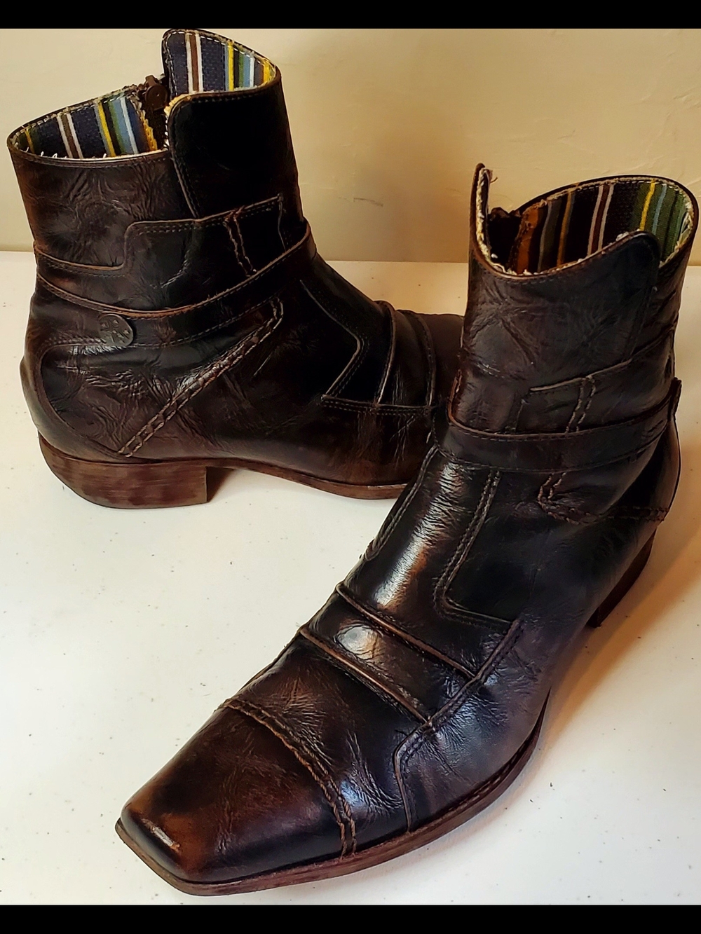 Men's Dark Brown Leather Y2K Western Ankle Boots w/Striped Lining Sz 7.5M 8.5W